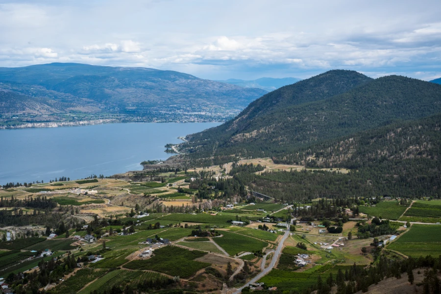 The sweeping landscape of farmlands, forested mountains, and Okanagan as seen from the peak of Giant’s Head Mountain