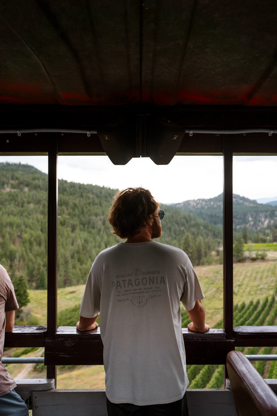 A man stands on the open carriage of a train with his hands resting on a railing, looking out to the rolling forested hills in the distance