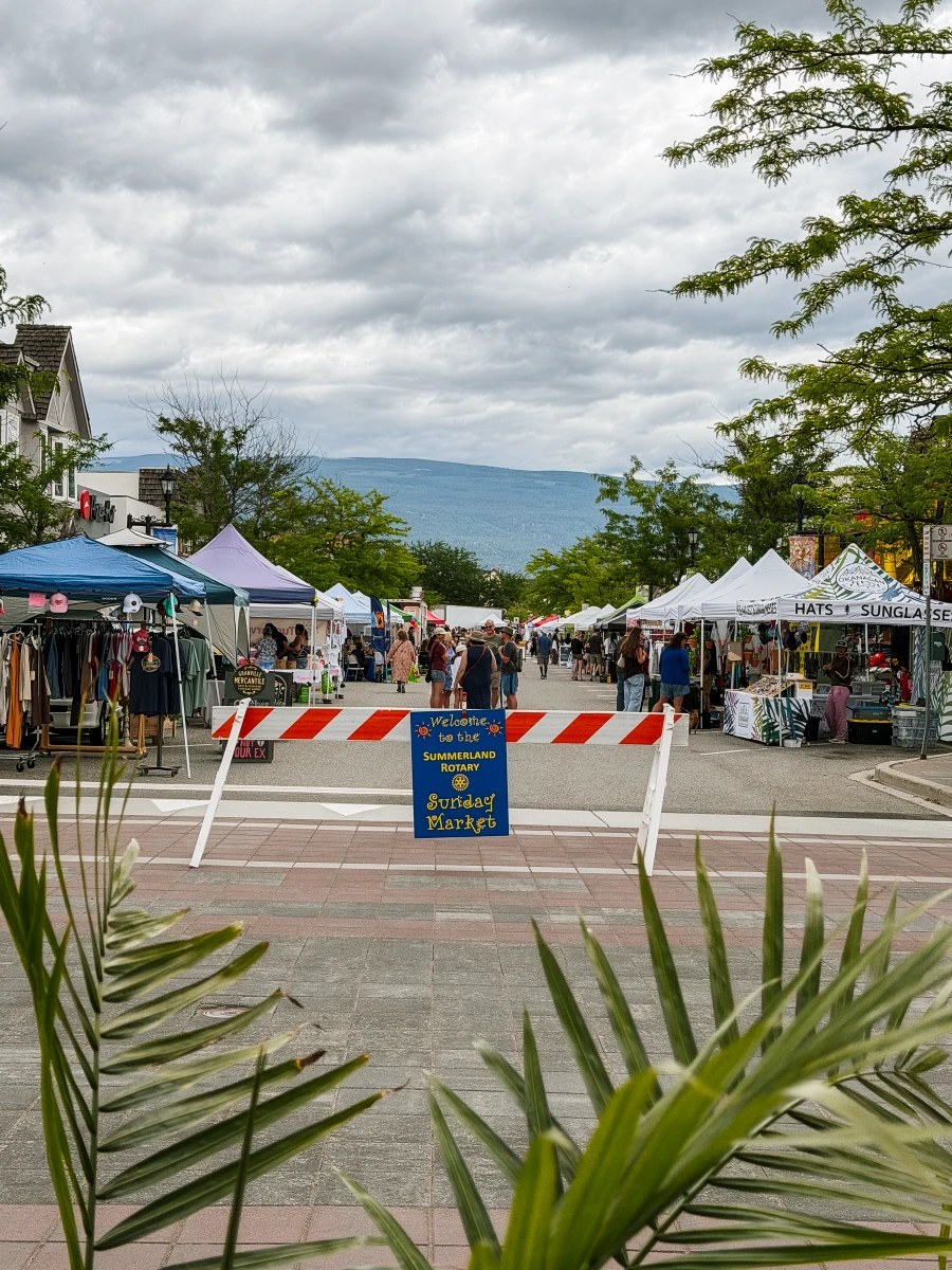 The main street of Summerland is shut down to traffic, with rows of white tents set up to host the weekly Farmer’s Market.