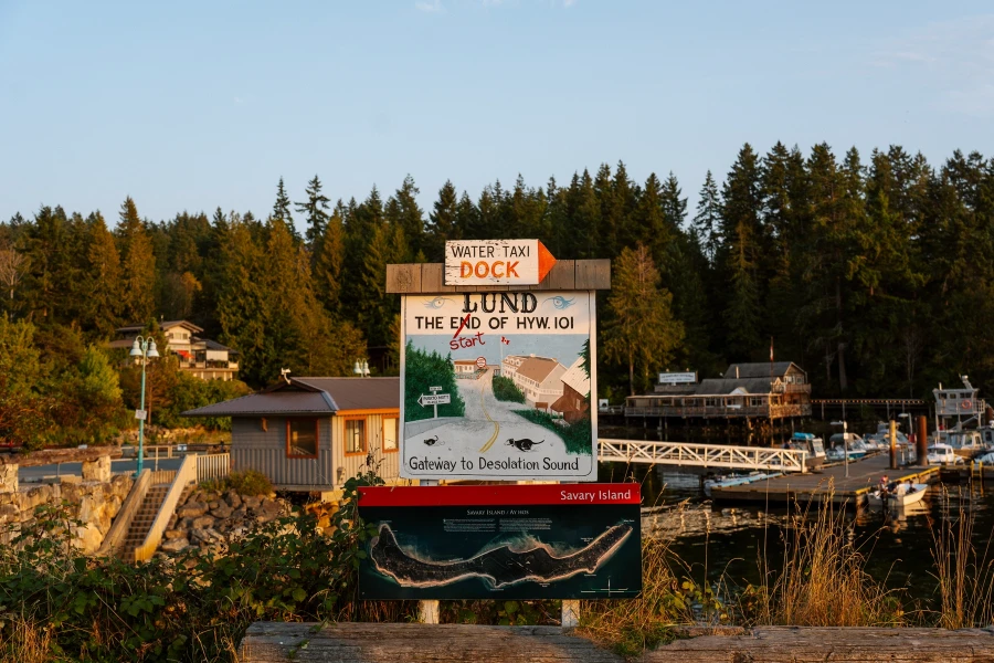 Sign indicating the end of highway 101 in Lund, BC