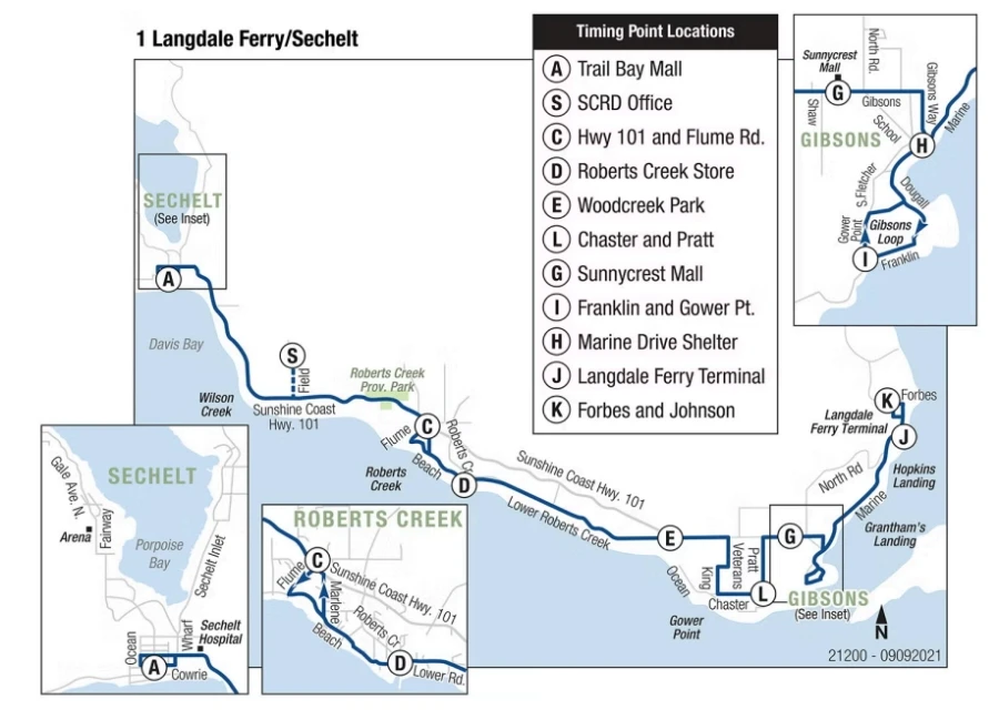 Diagram of Bus Route 1 (Langdale to Sechelt)