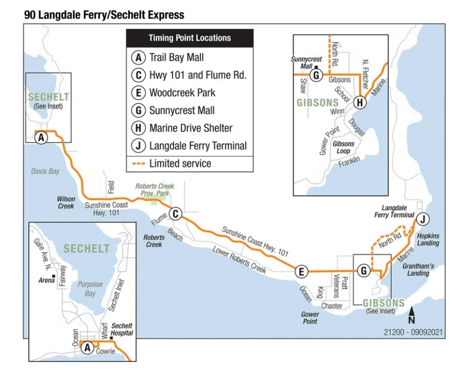 Diagram of Bus Route 90 (Langdale to Sechelt Express):