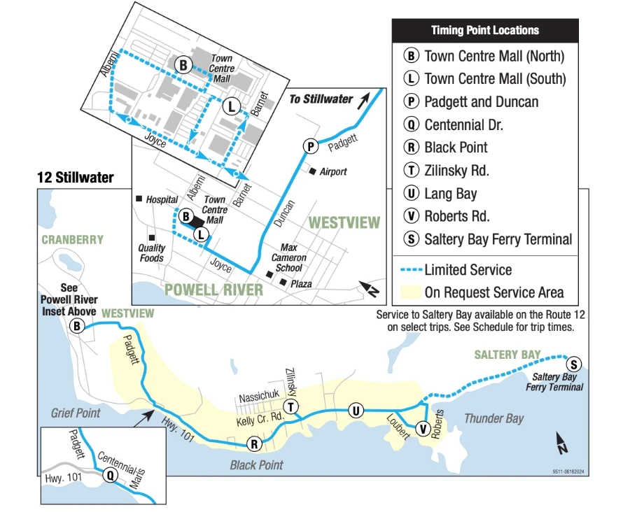 Diagram of Bus Route 12 (Saltery Bay to Powell River)