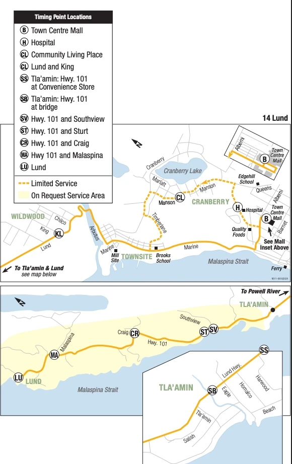 Diagram of Bus Route 14 (Powell River to Lund)