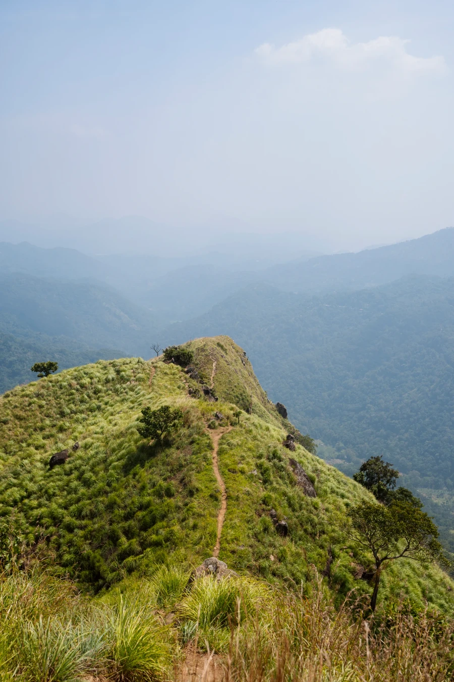 A thin brown path leads along a green hill to a view of the misty valley below