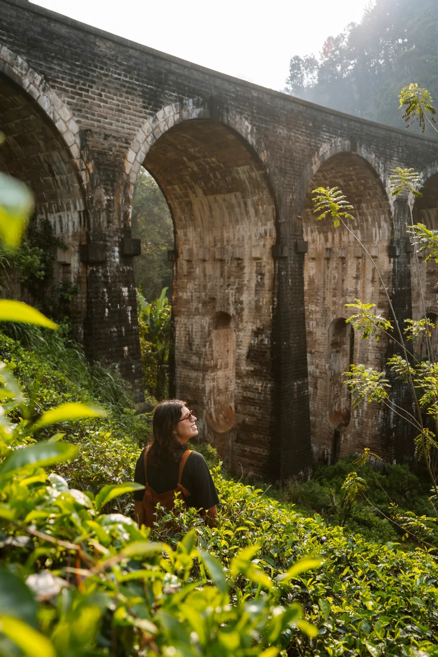 Woman standing in a field of tea leaves beneath the iconic nine arch bridge in Ella
