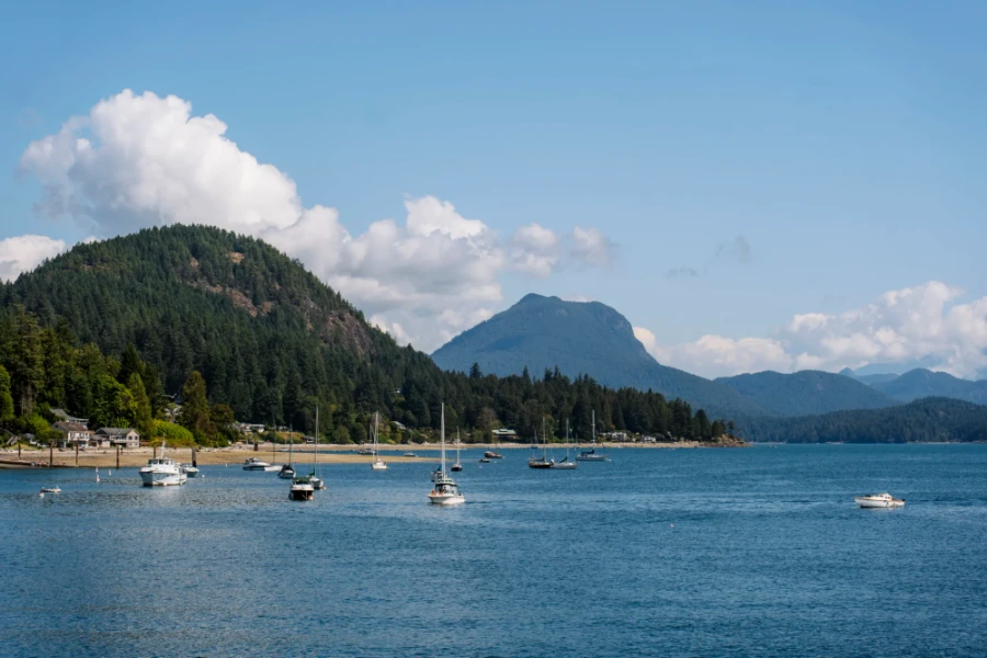 boats anchored near Gibsons harbour with Soammes Hill rising in the distance