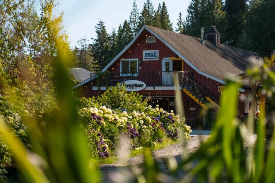 Persephone brewing: a large red barn that's been repurposed into a brewery in Gibsons, BC.