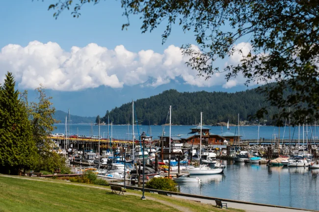 several boats docked at Gibsons Harbour in British Columbia