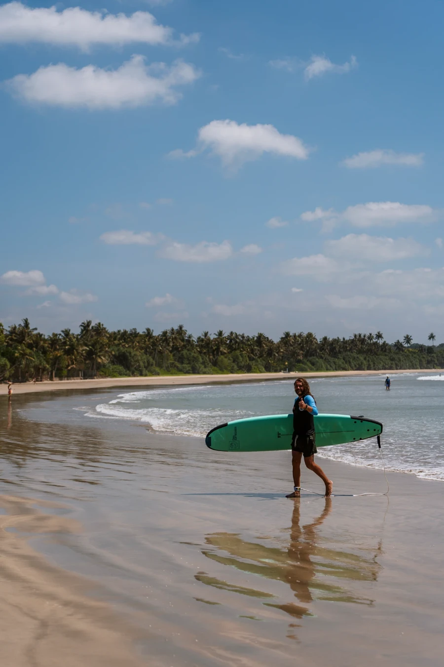 Man walks along a beach holding a surfboard along Kudawella Beach