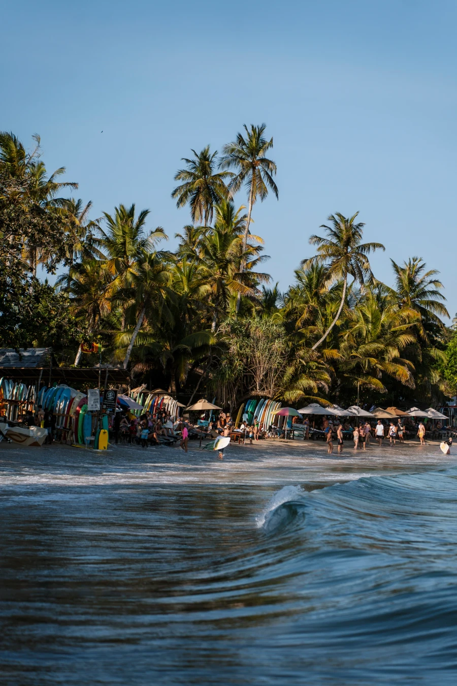 Waves break along the shore of Hiriketiya beach where rows of surf boards are stacked along the beach