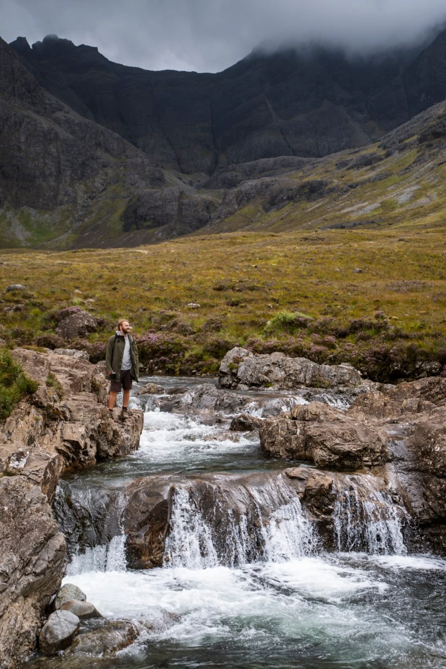 Man standing beside a series of waterfalls known as The Fairy Pools on The Isle of Skye, Scotland