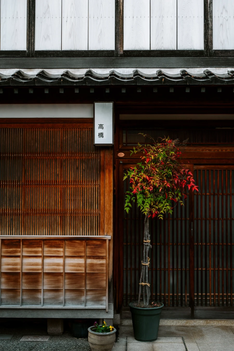 Wooden doors next to a flourishing plant in  Higashi Chaya District