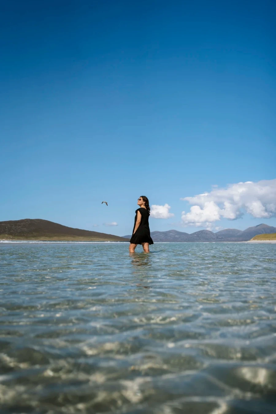 Shallow water glistens in the bright sunlight as a woman stands knee deep in the water