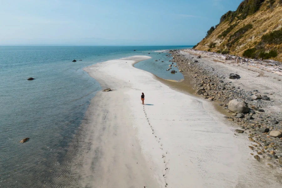 footprints along a sandbar lead to a lone woman