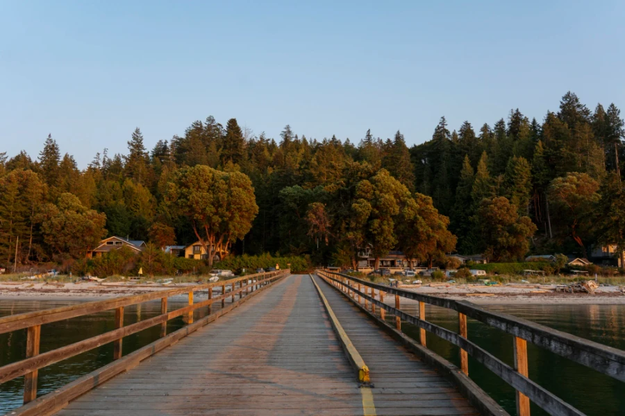 A large wooden dock flowing orange hues during sunset
