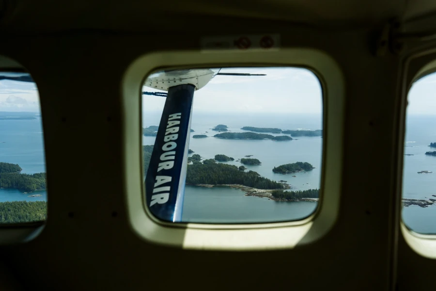 Several islands visible from the small window of a Harbour Air Seaplane