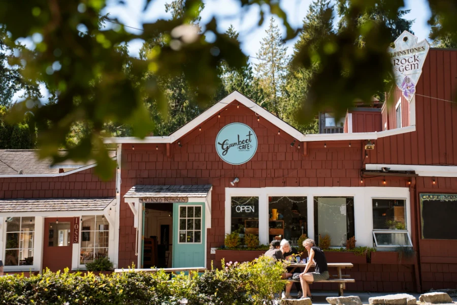 Red wood tiled facade of Gumboot Cafe in Roberts Creek