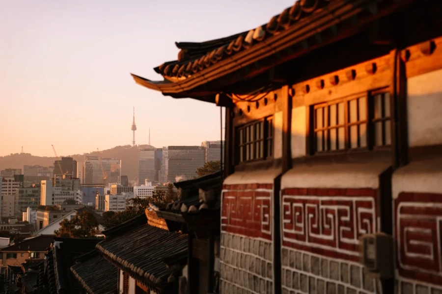 traditional hanok house framing Namsan Tower