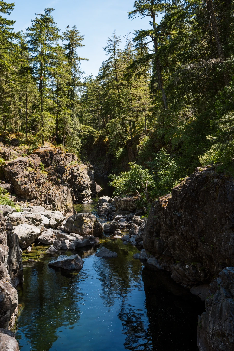 A river flows through a deep rocky canyon Sooke Potholes Provincial Park