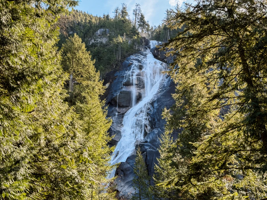 A powerful stream of water pours over a bare granite face with trees on all sides at Shannon Falls in Squamish