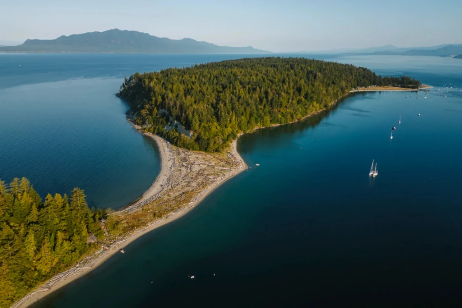 North Thormanby Island and a large sandbar on its southern side that is covered in driftwood