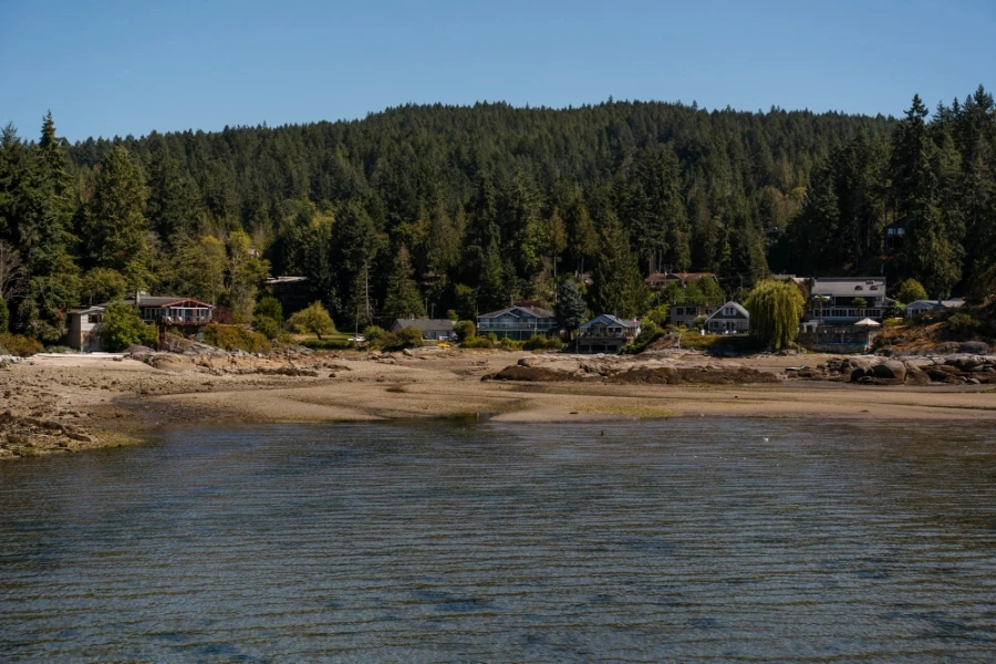 A large half moon shaped bay exposed and sandy at low tide surrounded by a handful of houses and large hills covered in trees