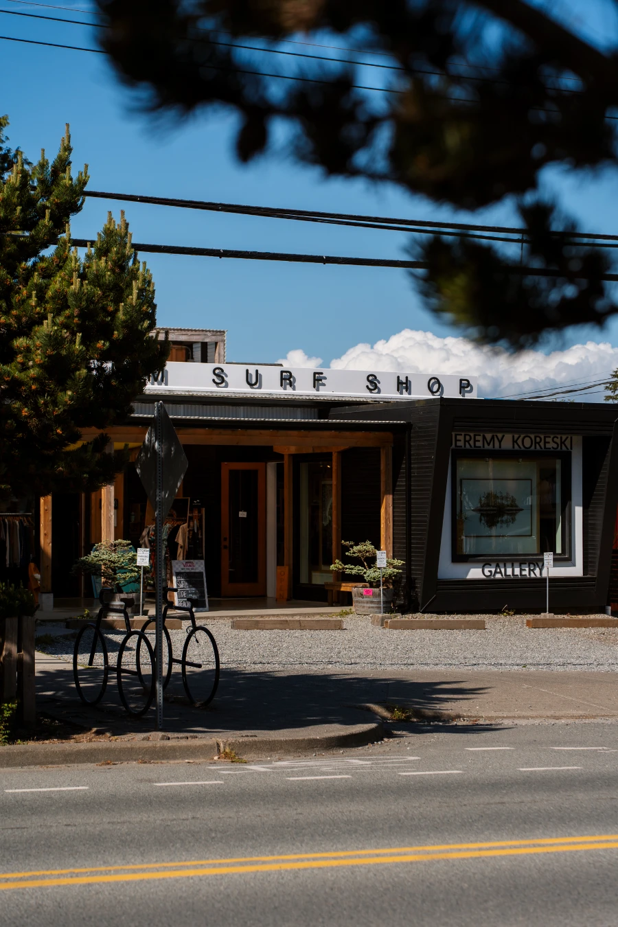 Any empty street in front of a surf shop in Tofino, BC