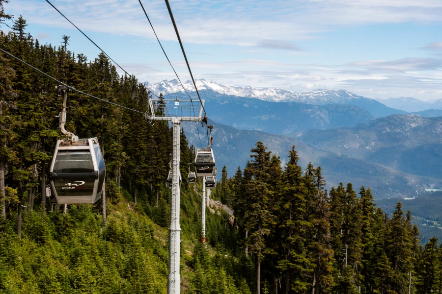 A series of gondolas climbing up Whistler Mountain