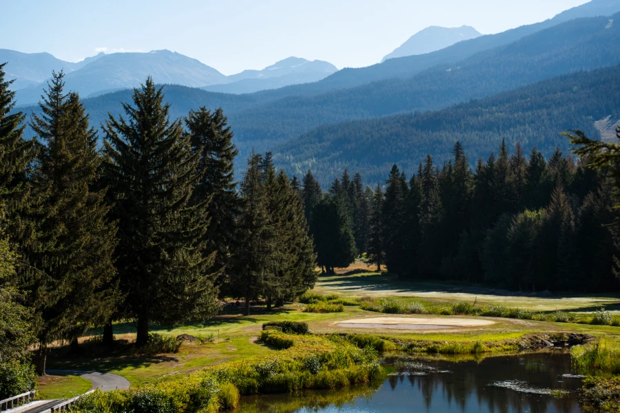 A lush green golf course with water features surrounded by trees on all sides, with large mountains rising in the distance