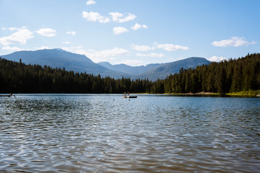 A floating dock in the middle of Lost Lake in Whistler