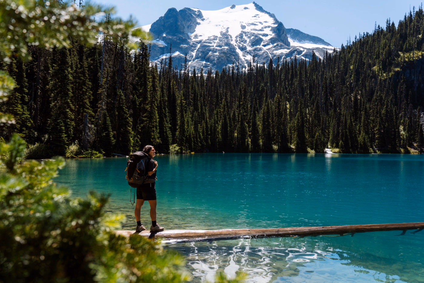 A woman with a large backpack standing on a large log that is floating in Middle Joffre Lake
