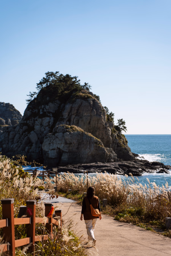woman walking along an Olle Trail on Jeju Island