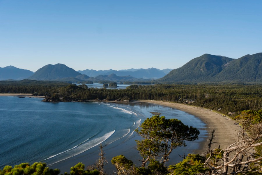 Rows of waves rolling into a crescent shaped cove at Cox Bay on Vancouver Island.