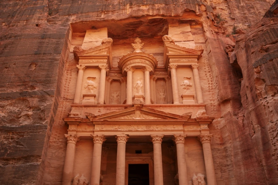 Ornate and intricately carved facade of Al-Khazneh, Petra