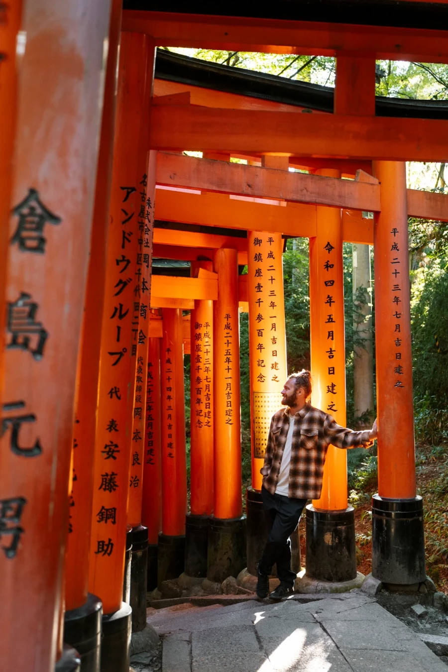 Man leans against one of a series of Red Torii Gates Leading Up To Fushimi Inari Shrine
