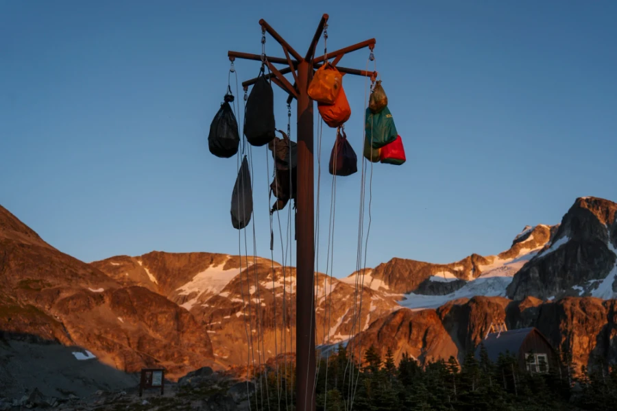 Several dry bags hanging from a bear hang at the Wedgemount lake campsite