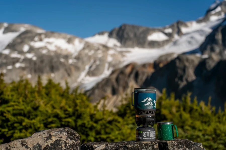 camp stove set up on a rock near Wedgemount Lake