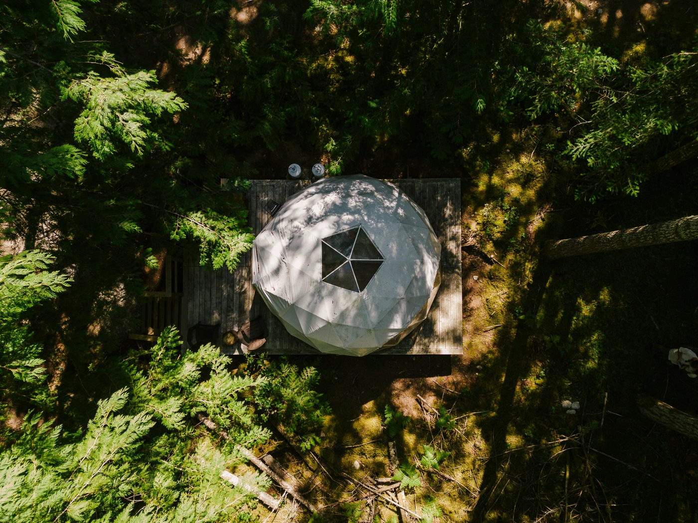 A white glamping dome on a wooden platformsurrounded by trees