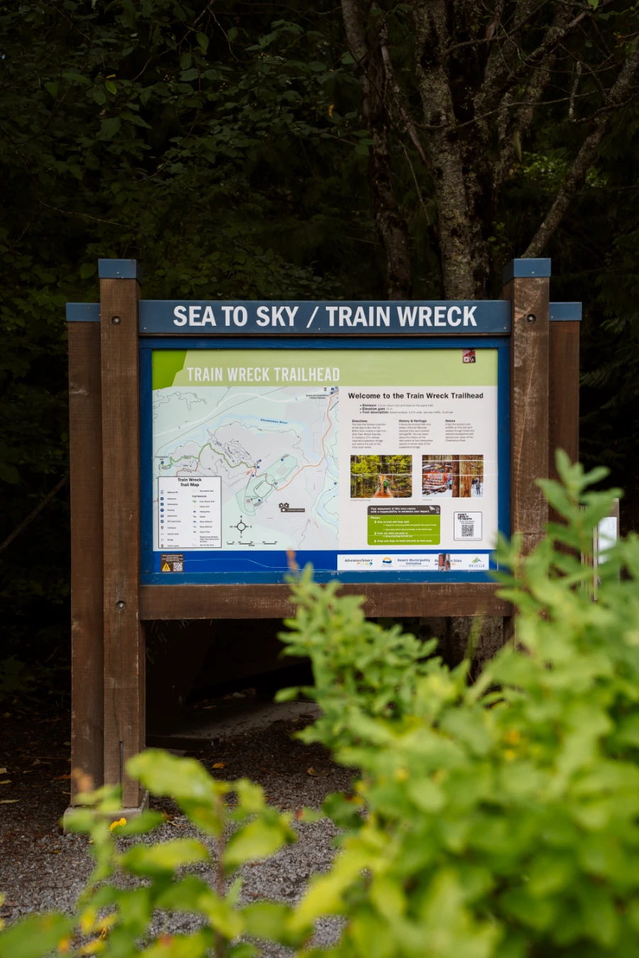 A large trail map sign framed by bushes and showing a detailed trail map for the Sea To Sky / Train Wreck trail